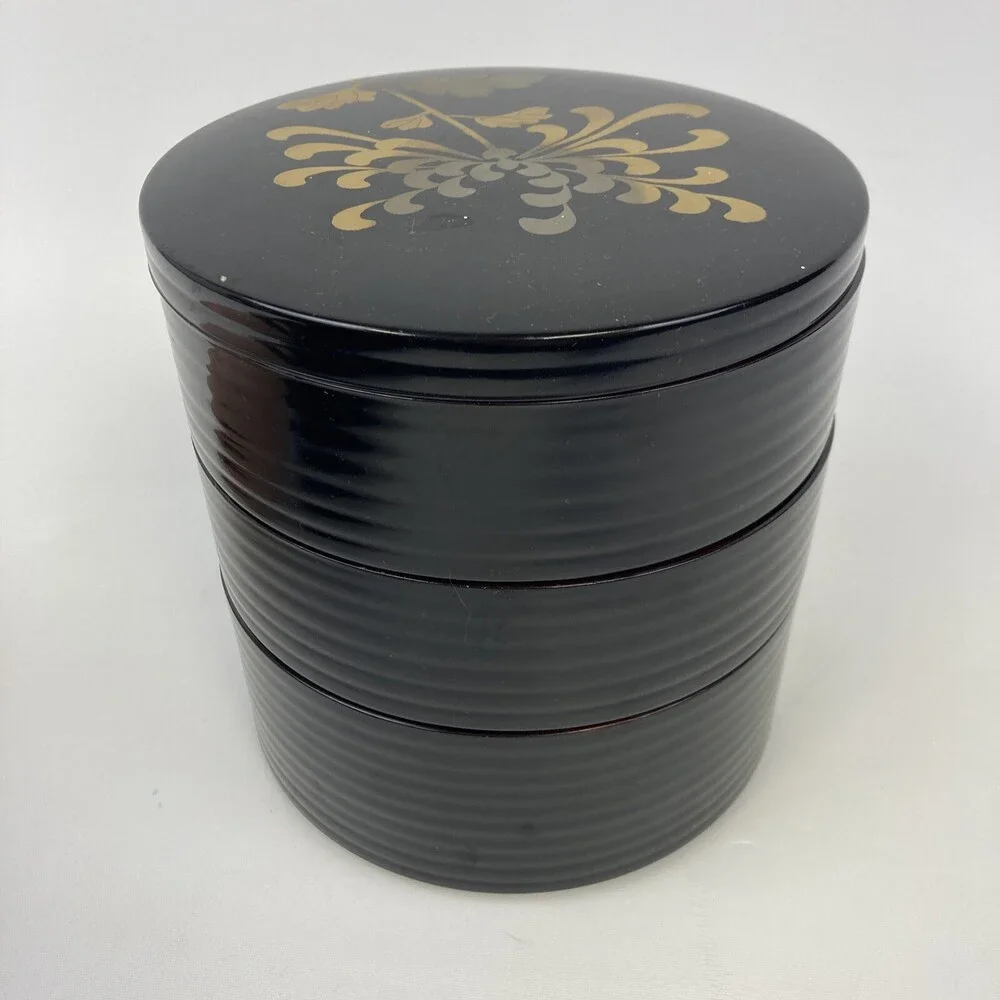 VTG Japan Round 3 Tier Floral Black Laquerware Plastic Trinket Box Lined